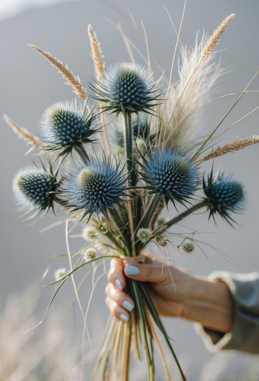 A small wedding bouquet made of blue thistle flowers and wild grasses held against a neutral background.