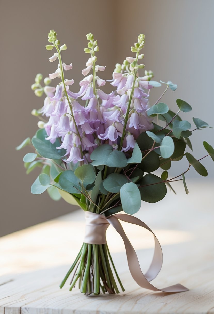 A small wedding bouquet of purple larkspur flowers and eucalyptus leaves tied with a ribbon on a light wooden surface.