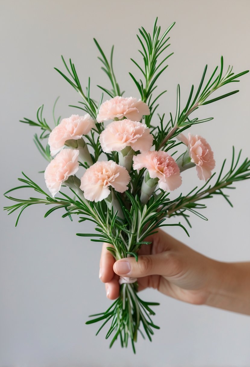 A small wedding bouquet made of pink mini carnations and green rosemary sprigs held against a plain background.