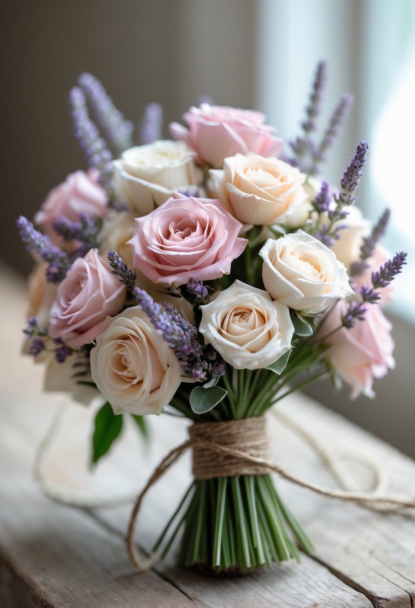 A small wedding bouquet with mini garden roses and lavender resting on a wooden surface.