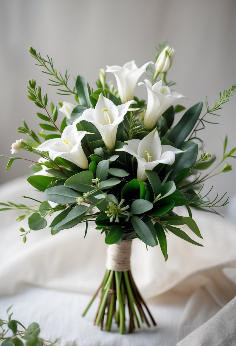 A small wedding bouquet of white freesia flowers and green leaves against a blurred neutral background.
