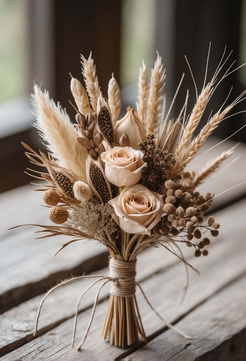 A small wedding bouquet made of dried flowers and grasses in warm earthy colors resting on a wooden surface.
