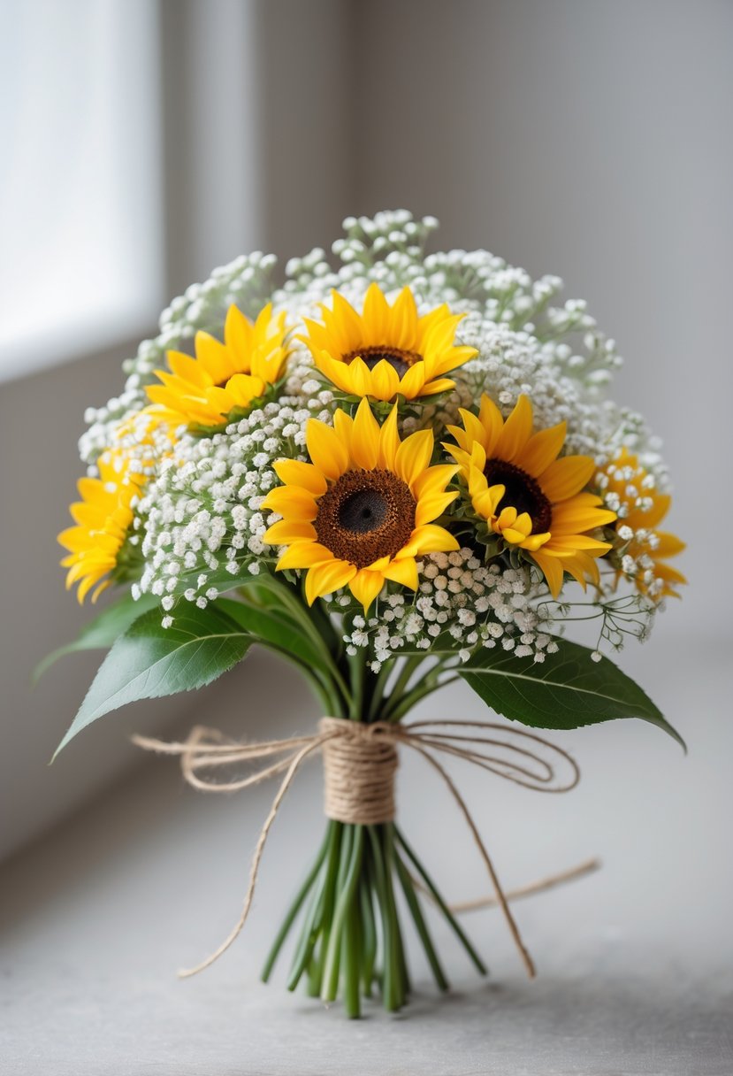A small bouquet of bright yellow mini sunflowers and white baby's breath flowers tied with twine.