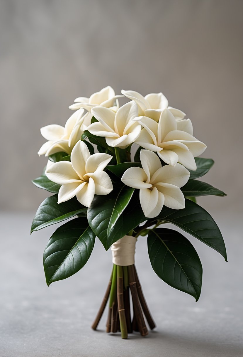 A small cluster of white gardenia flowers with green leaves arranged as a mini wedding bouquet on a neutral blurred background.