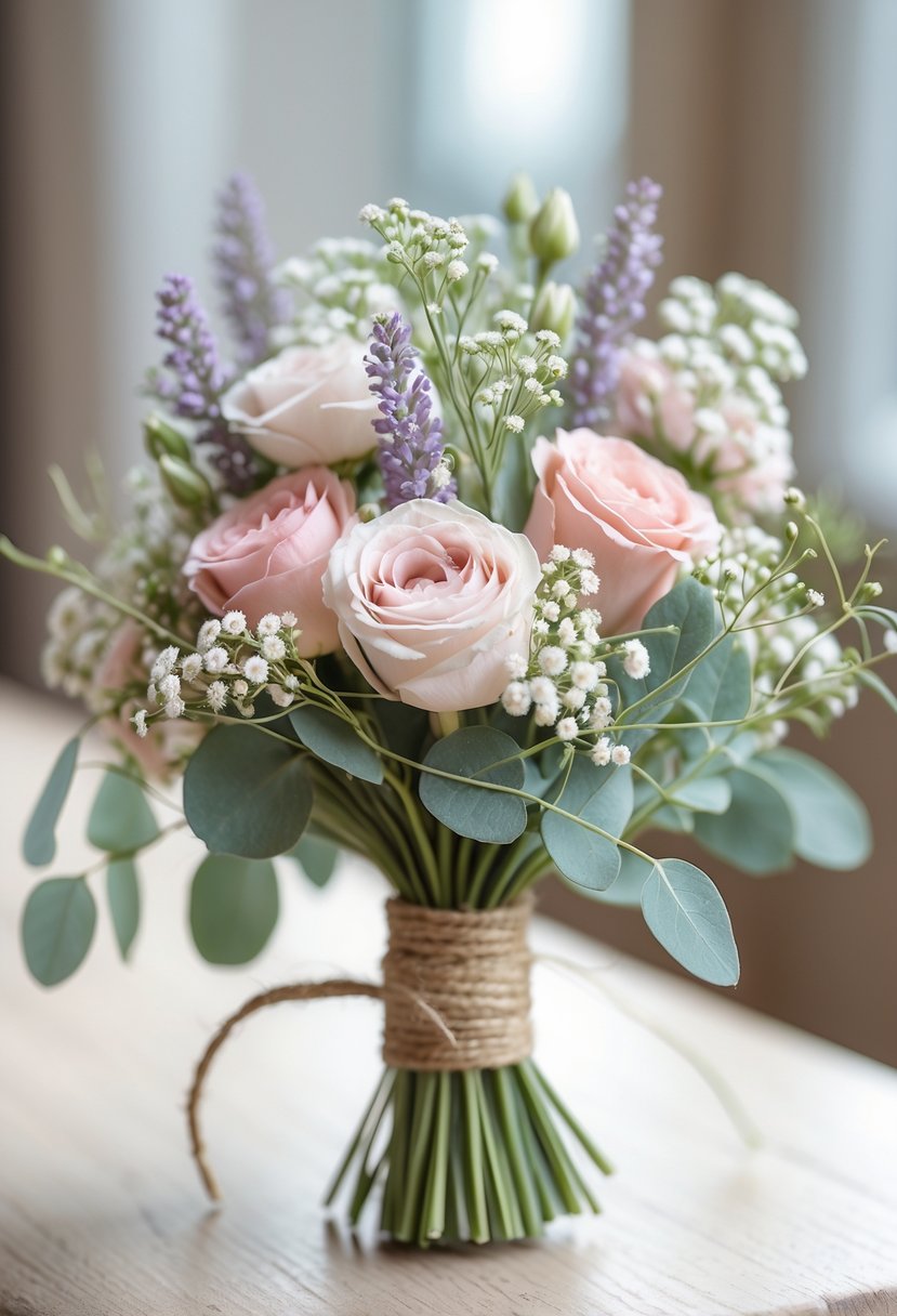 A small wedding bouquet with pastel flowers and greenery tied with twine on a wooden surface.