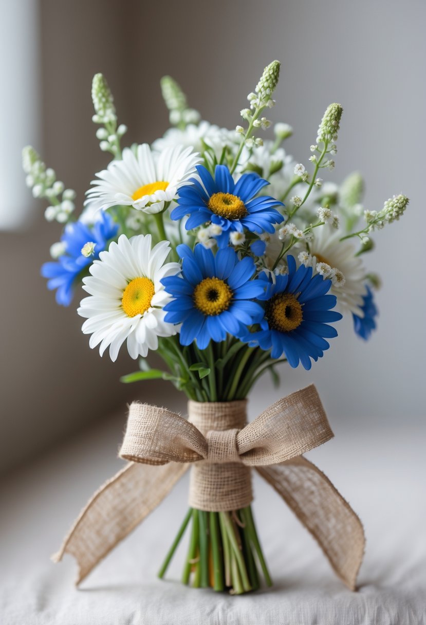 A small bouquet of white daisies and blue cornflowers wrapped with a raw linen ribbon.
