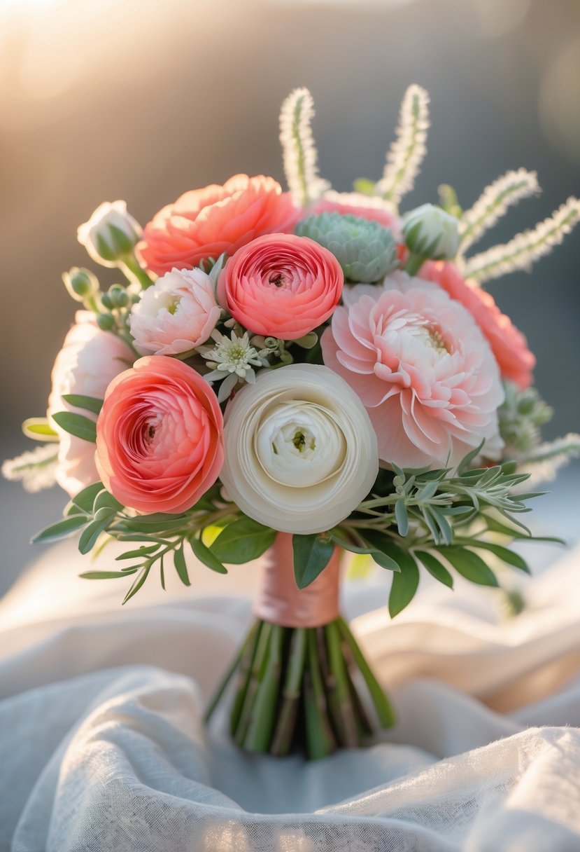 A small wedding bouquet with coral ranunculus, dusty rose carnations, white astrantia, and green leaves.