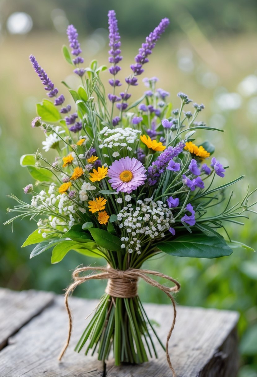 A small wedding bouquet made of wildflowers, greenery, and lavender sprigs resting on a wooden surface.
