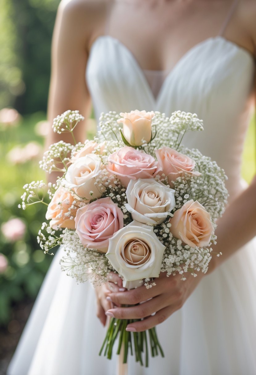 A small bouquet of baby's breath and pastel roses held by a bride in a garden.
