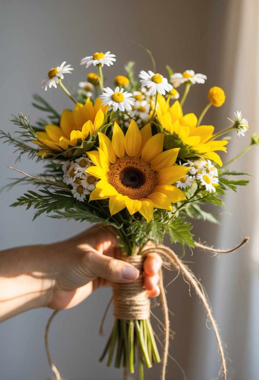 A small bouquet of sunflowers and chamomile flowers tied with twine against a soft, neutral background.