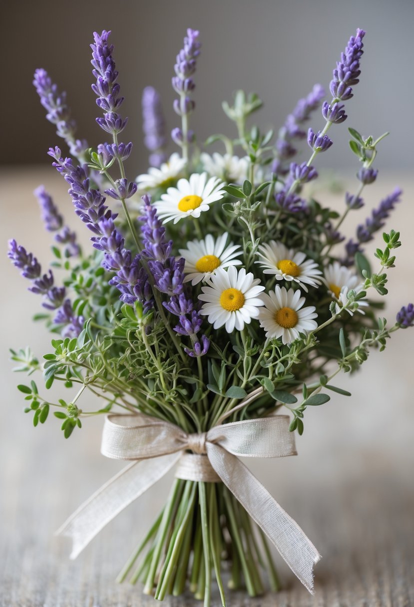 A small wedding bouquet of lavender, thyme, and white daisies tied together with a ribbon.