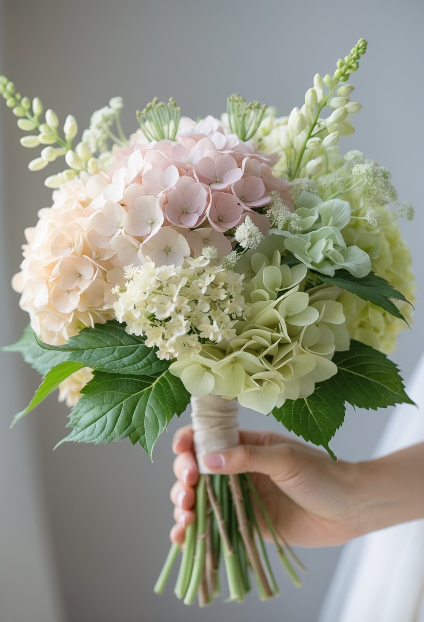 A small bouquet of soft pastel hydrangeas and lisianthus flowers with green leaves on a neutral background.