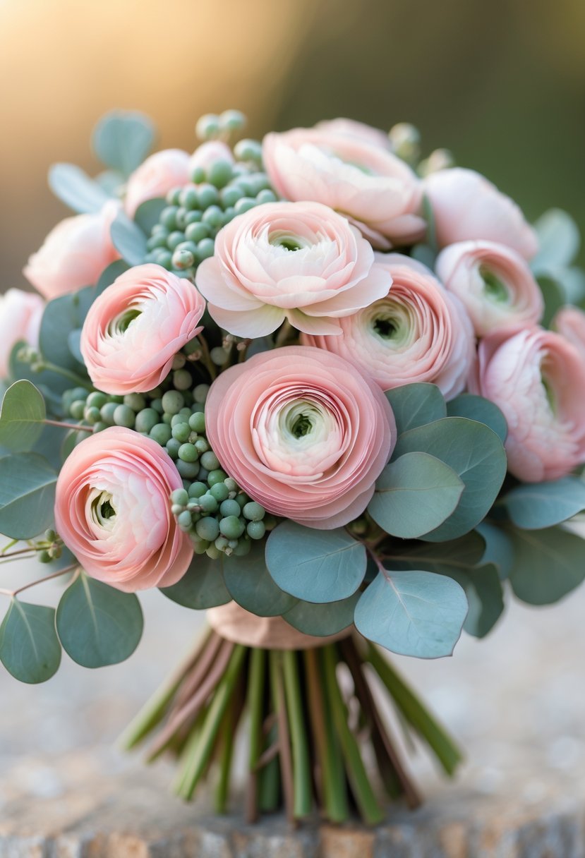 A small wedding bouquet with blush pink ranunculus flowers and silver dollar eucalyptus leaves.