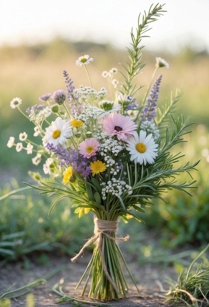 A rustic wildflower bouquet with pastel flowers and sprigs of rosemary tied with twine, set against a blurred natural background.
