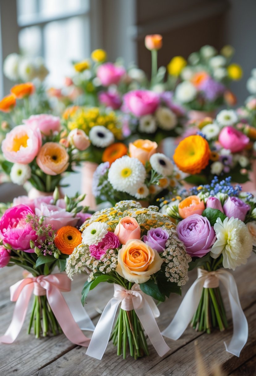 A collection of small colorful wedding bouquets arranged on a wooden table with various fresh flowers and ribbons.