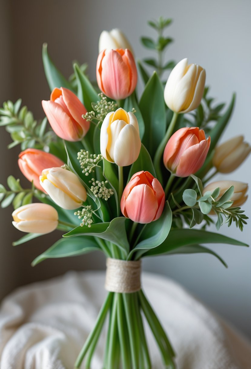 A small bouquet of coral and cream tulips with green leaves.