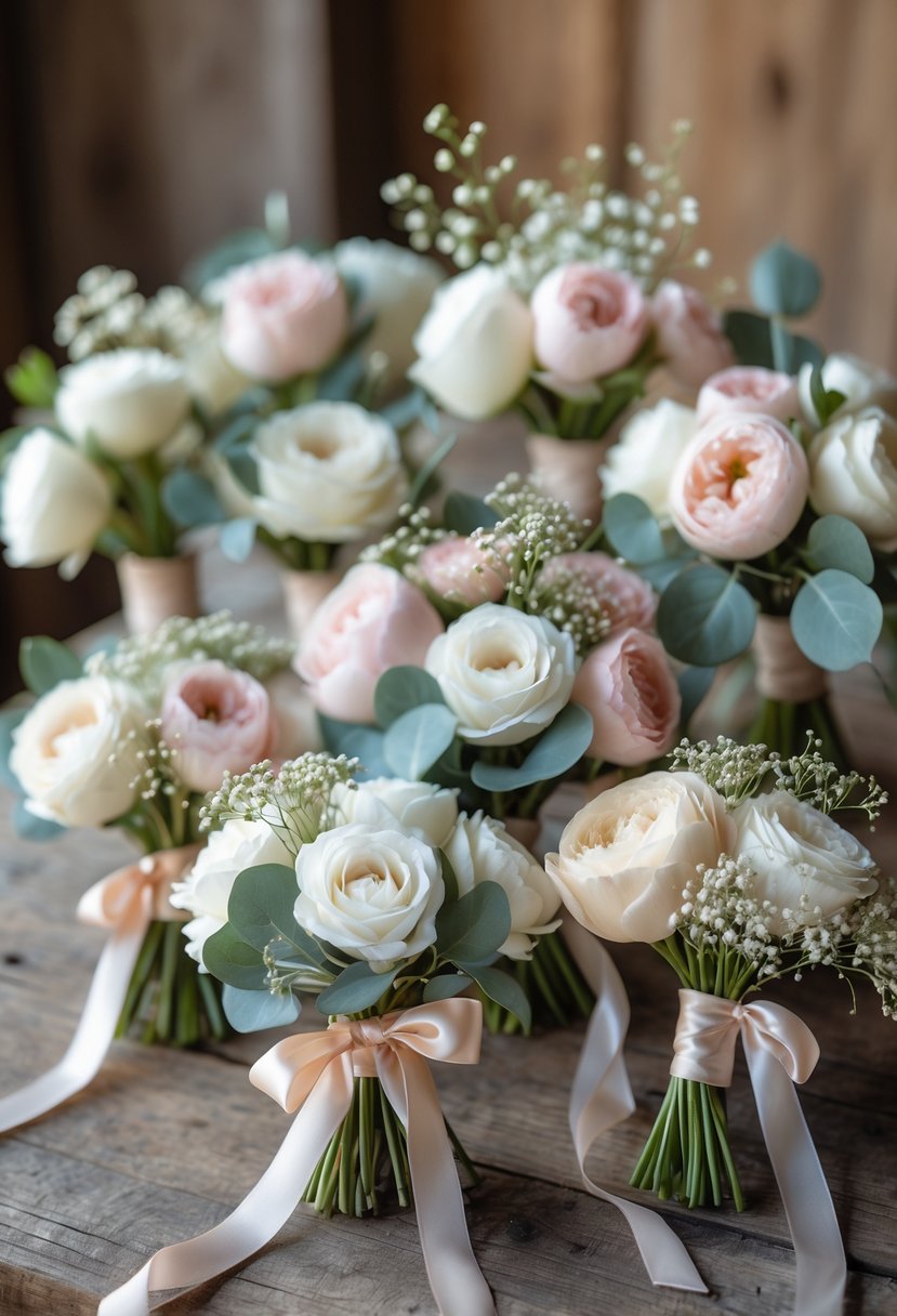 A collection of small wedding bouquets with white and pale pink flowers and green leaves arranged on a wooden table.
