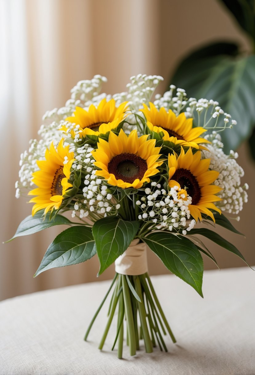A small bouquet of yellow sunflowers and white baby's breath flowers with green leaves.