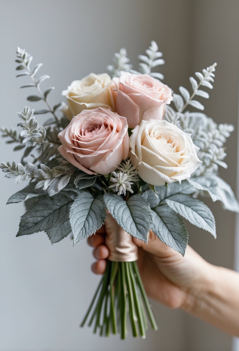 A small bouquet of pale garden roses and silvery dusty miller leaves held against a blurred neutral background.