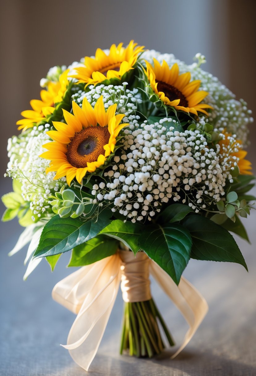 A small bouquet of bright yellow sunflowers and white baby's breath flowers tied with a ribbon.