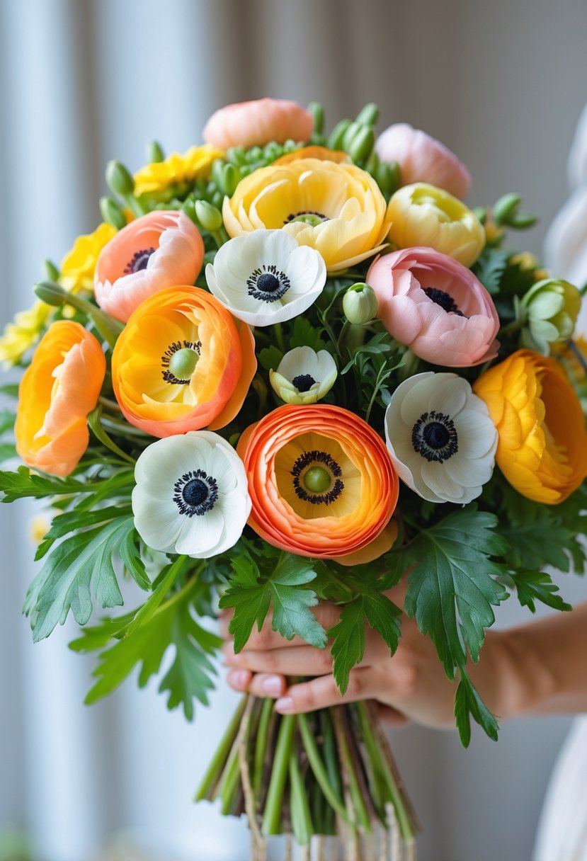 A bright mini wedding bouquet with colorful ranunculus and white anemone flowers with green leaves.