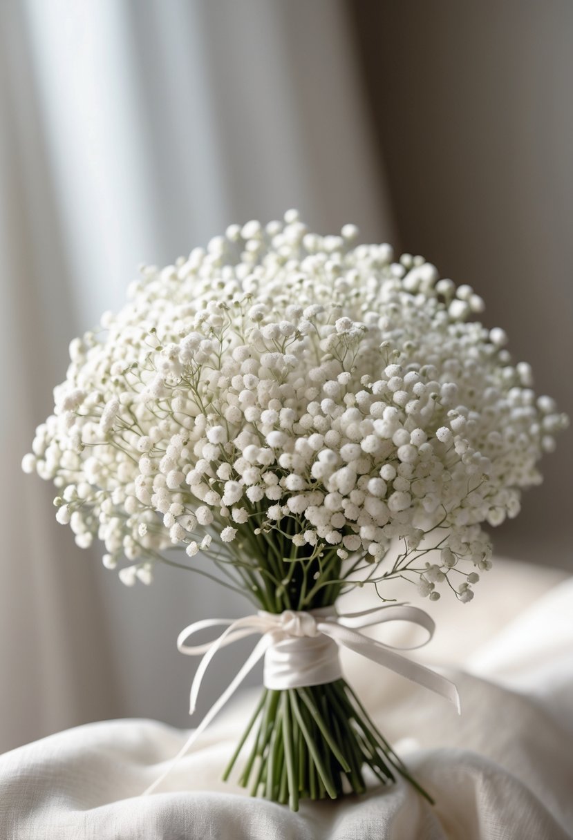 A small bouquet of white Baby's Breath flowers arranged tightly and tied with a ribbon on a neutral background.