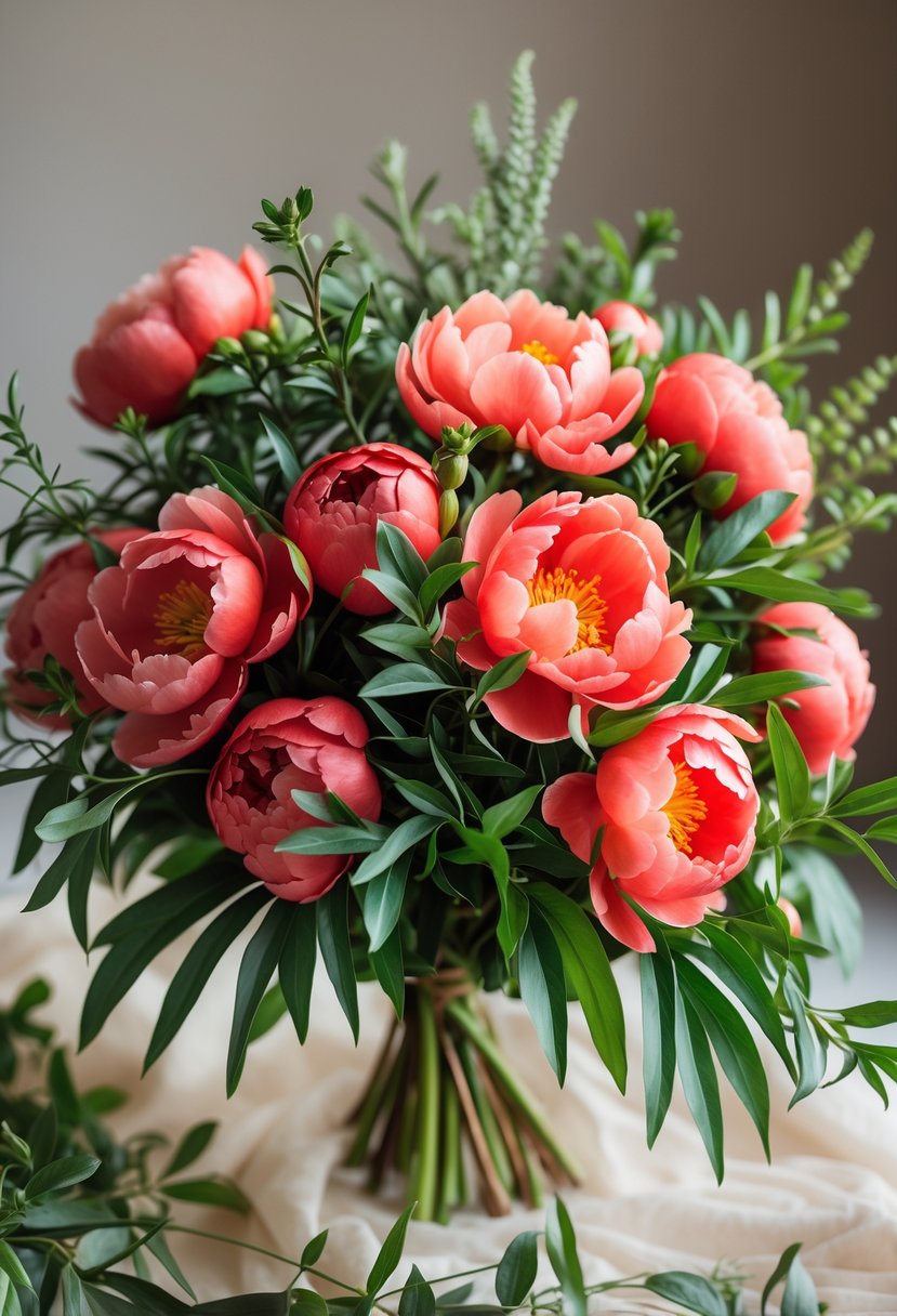 A small bouquet of coral peonies with green leaves.