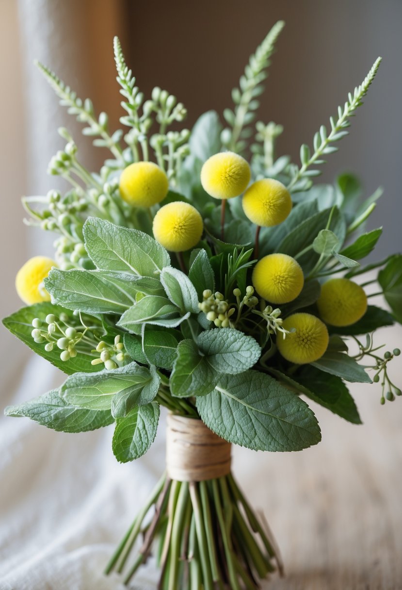 A small wedding bouquet with mint and sage leaves and yellow billy ball flowers.