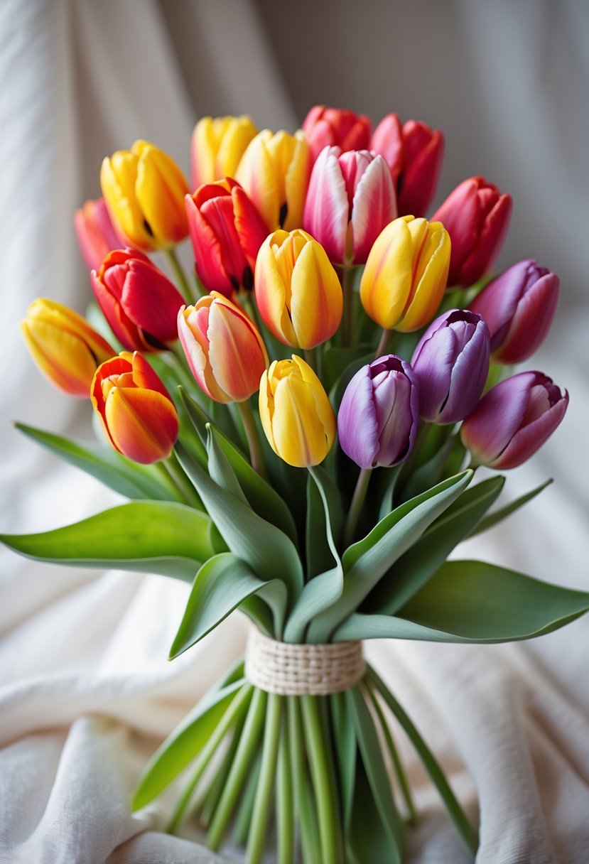 A small, colorful bouquet of vibrant tulips with green leaves.