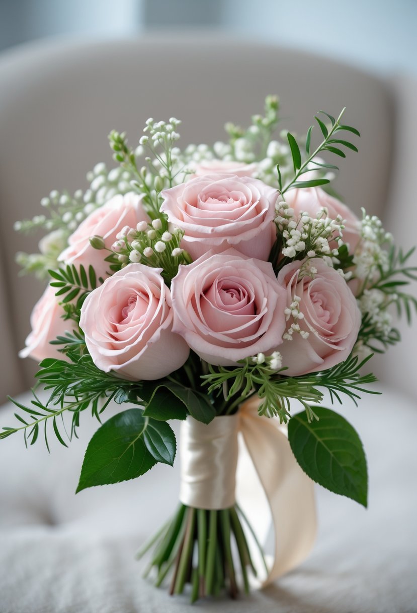 A small wedding bouquet of soft pink roses with white filler flowers and green leaves tied with a ribbon.