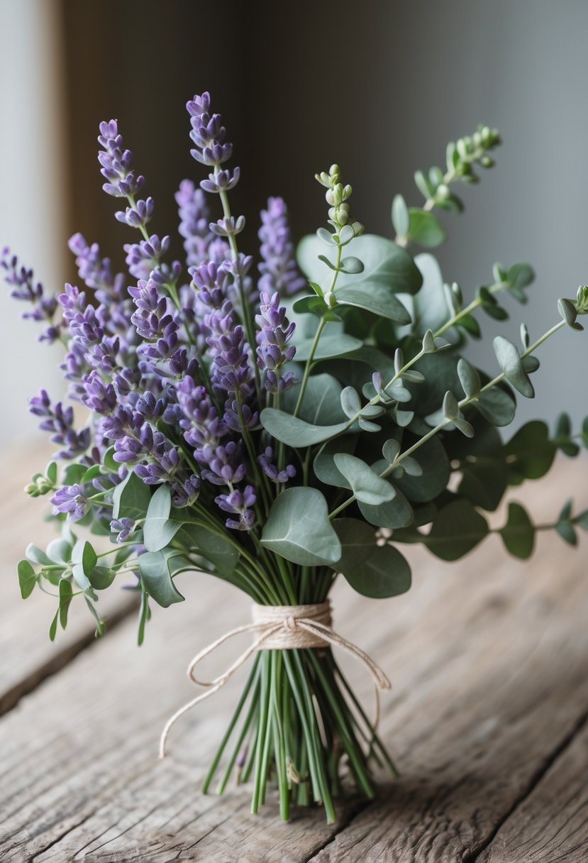 A small wedding bouquet made of lavender flowers and eucalyptus leaves tied with a ribbon, resting on a wooden surface.