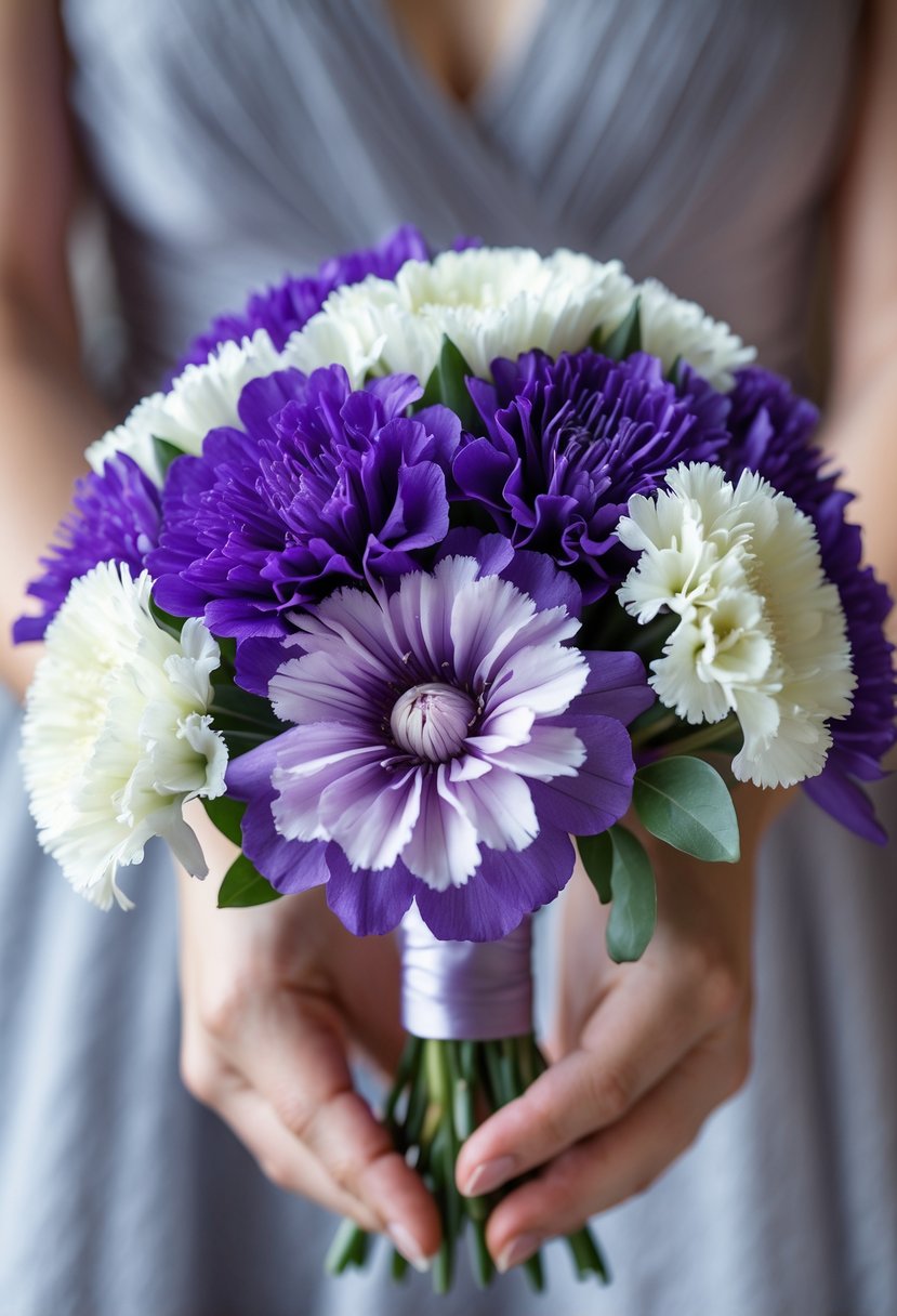 A small bouquet of purple statice and white carnations held against a neutral background.
