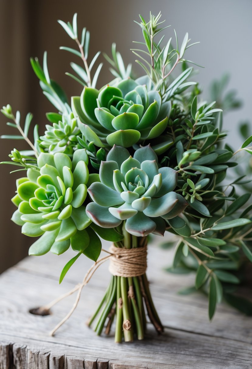 A small wedding bouquet made of green succulents and olive branches resting on a wooden surface.