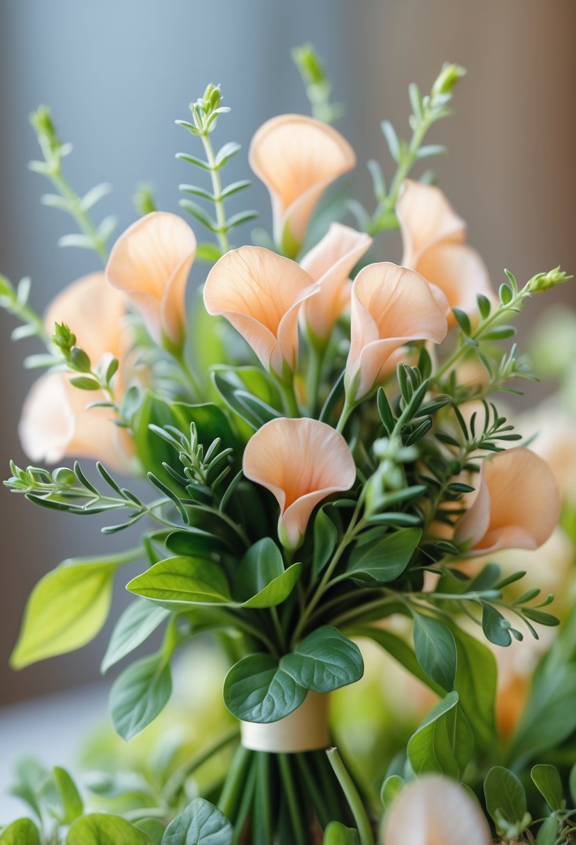 A small wedding bouquet of soft peach sweet pea flowers with green leaves.