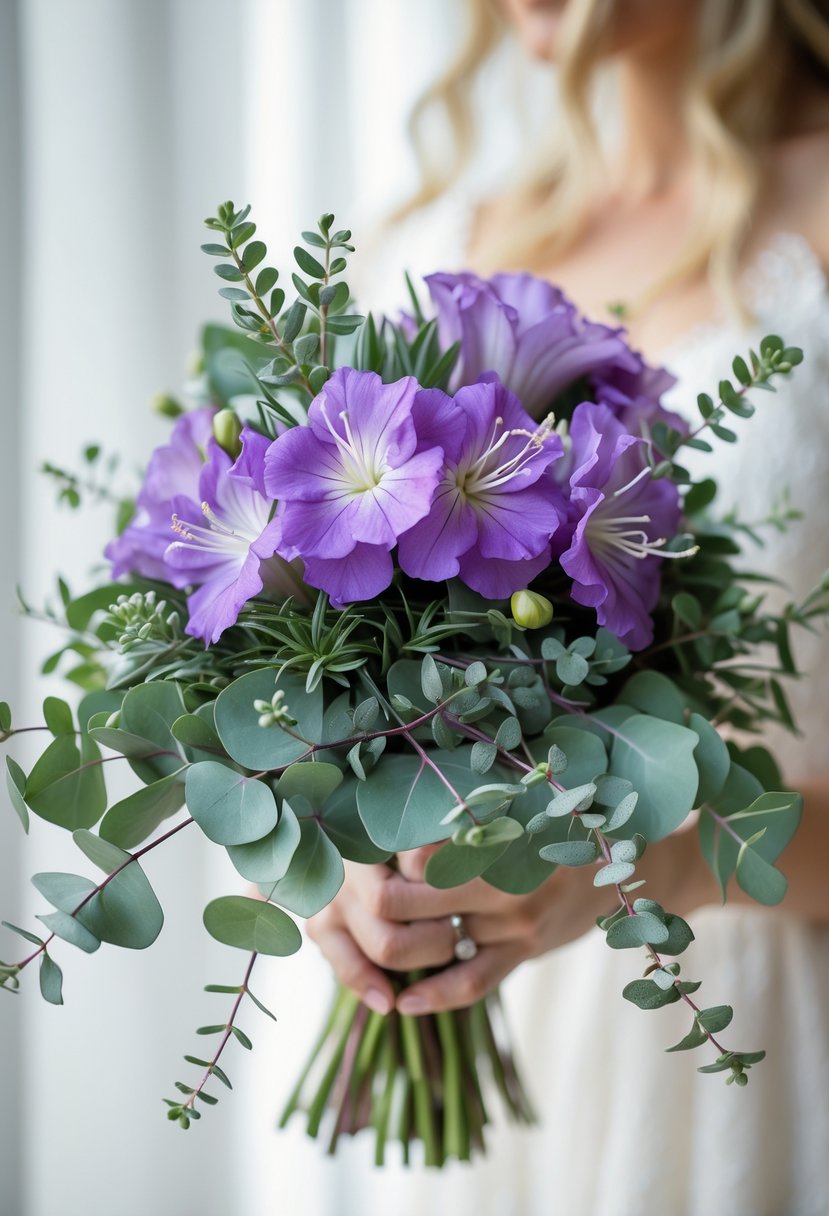 A small bouquet of purple lisianthus flowers with eucalyptus leaves.