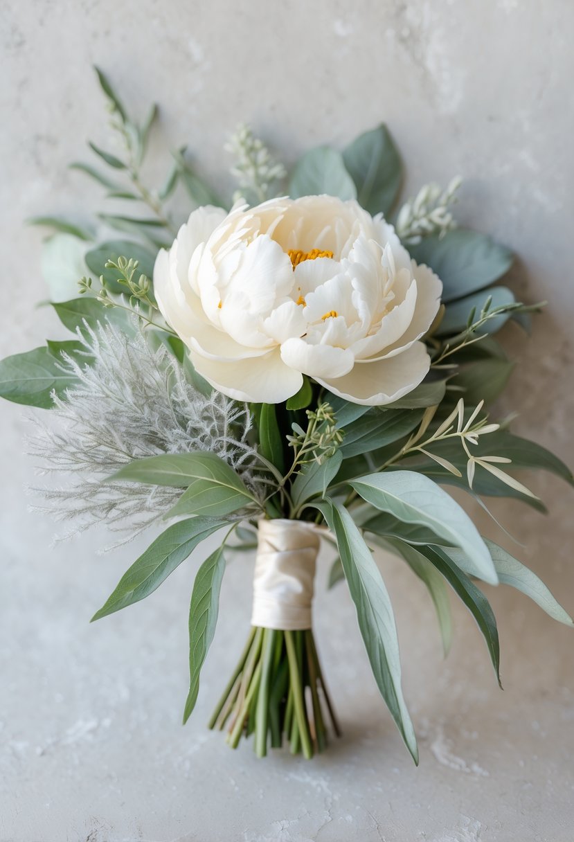 A small wedding bouquet with a creamy white peony and silvery dusty miller leaves on a neutral background.