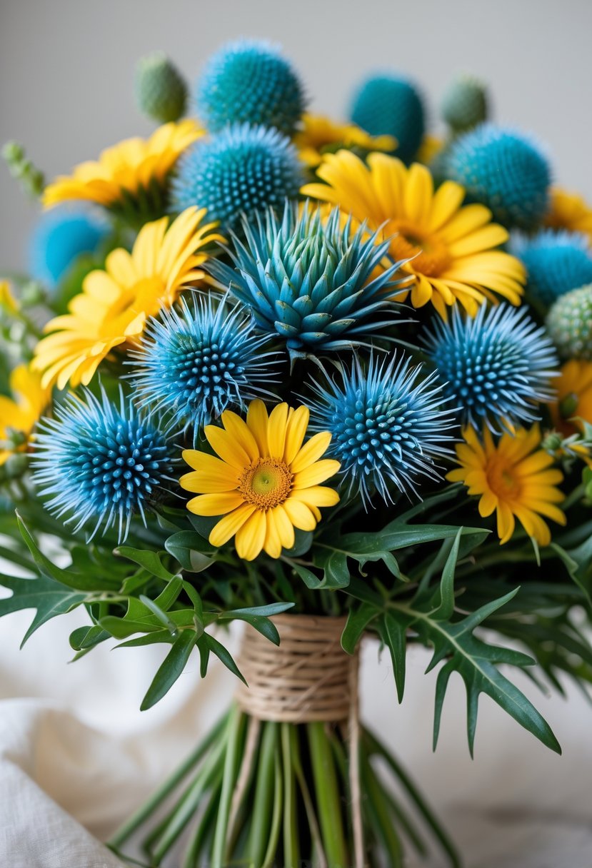 A small wedding bouquet with yellow daisies and blue thistles arranged together with green leaves.