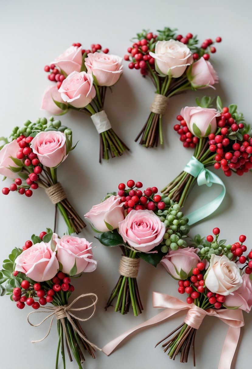Several small wedding bouquets with pink roses and hypericum berries arranged on a light background.