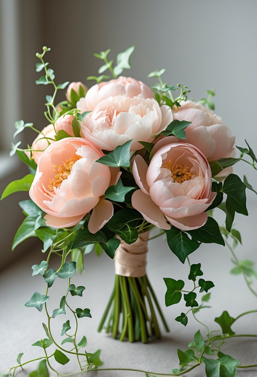 A small wedding bouquet of pastel peonies with trailing green ivy on a neutral background.