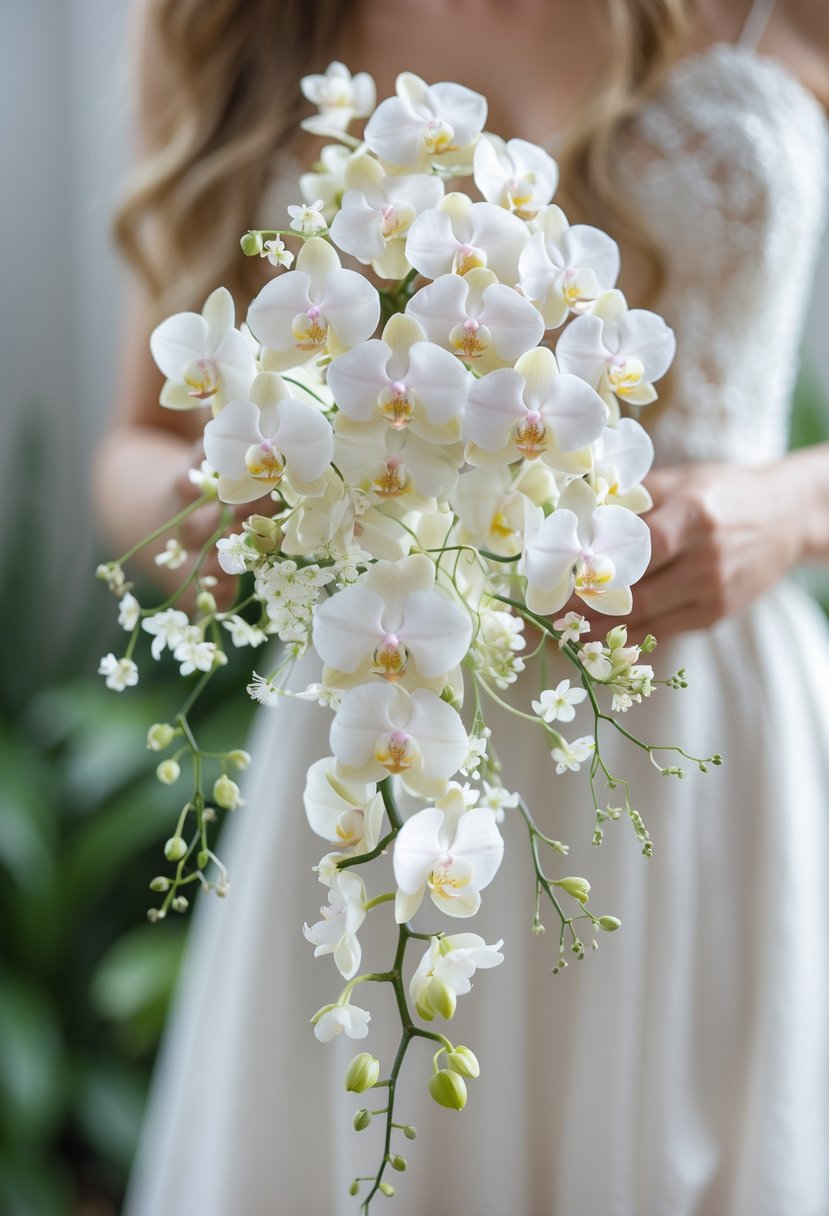 A tiny wedding bouquet with cascading white and pale pink orchids held by a bride in a white dress.