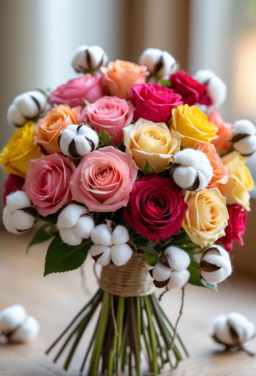 A small wedding bouquet with colorful spray roses and white cotton accents.