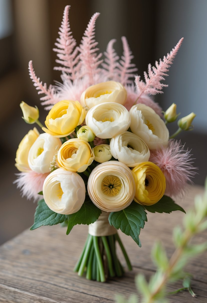 A small wedding bouquet of yellow and cream ranunculus flowers with pale pink astilbe on a softly blurred background.