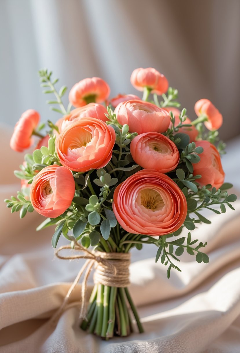 A small bouquet of coral ranunculus flowers with green leaves, tied together and photographed against a soft blurred background.