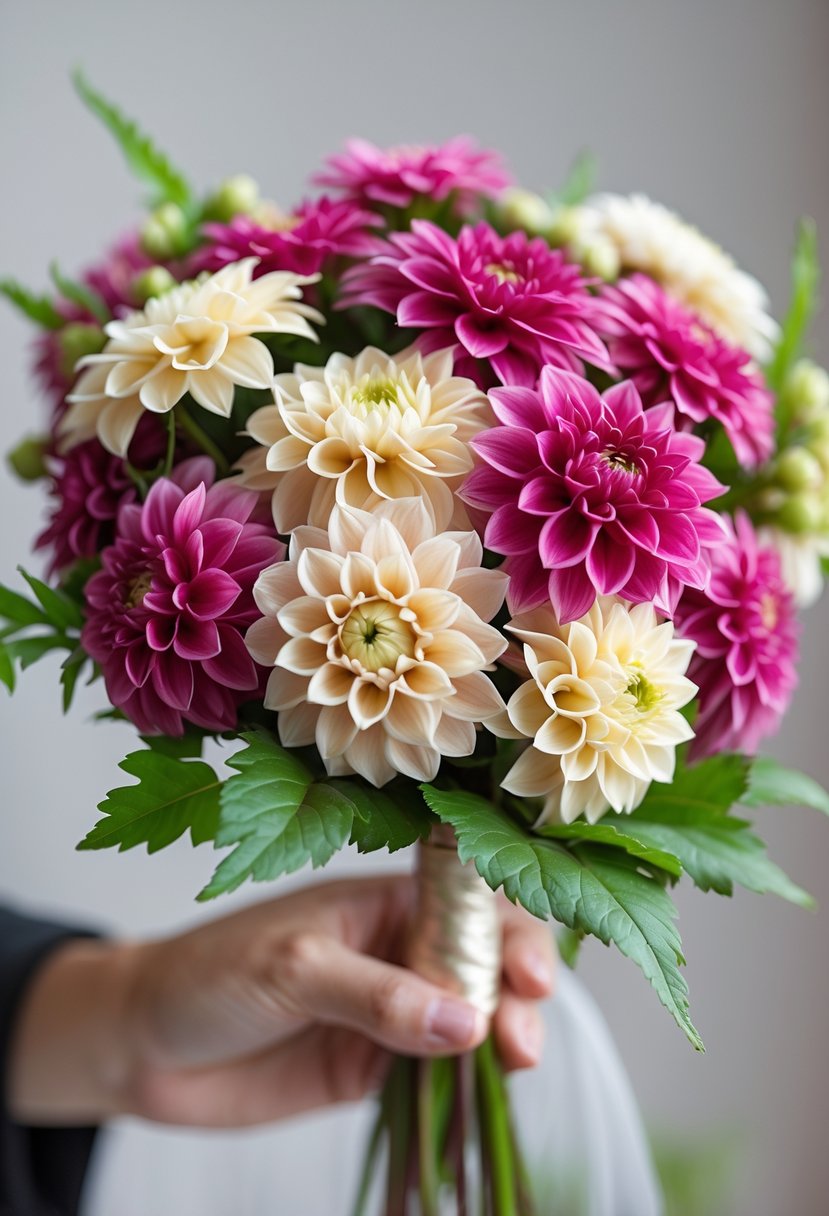 A small wedding bouquet of tiny fuchsia and cream dahlias with green leaves held against a neutral background.