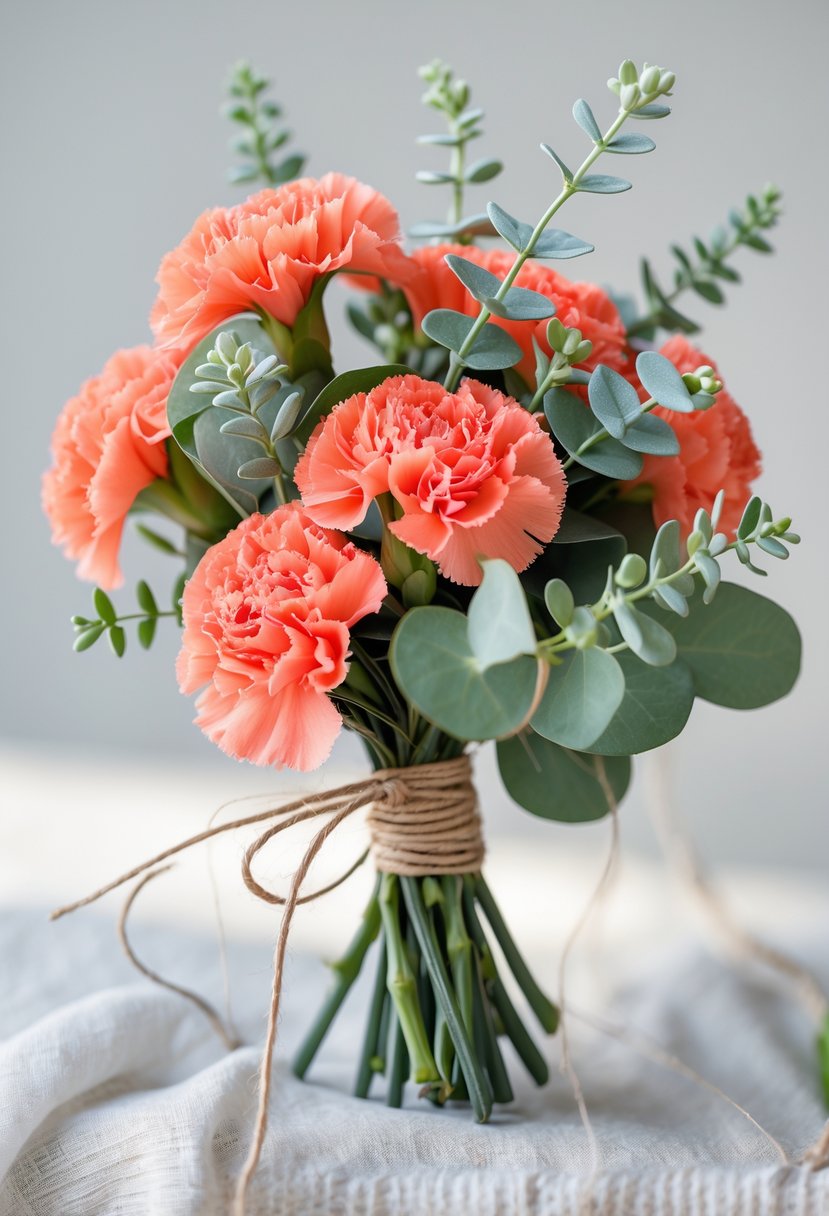 A small bouquet of coral carnations and eucalyptus leaves arranged together on a light background.