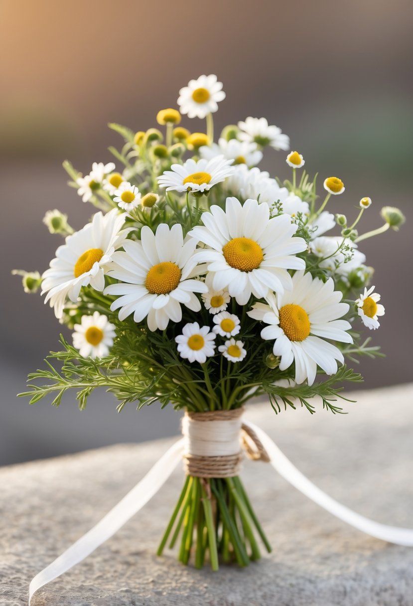 A small wedding bouquet made of white daisies and chamomile flowers with green leaves, held together by a white ribbon.