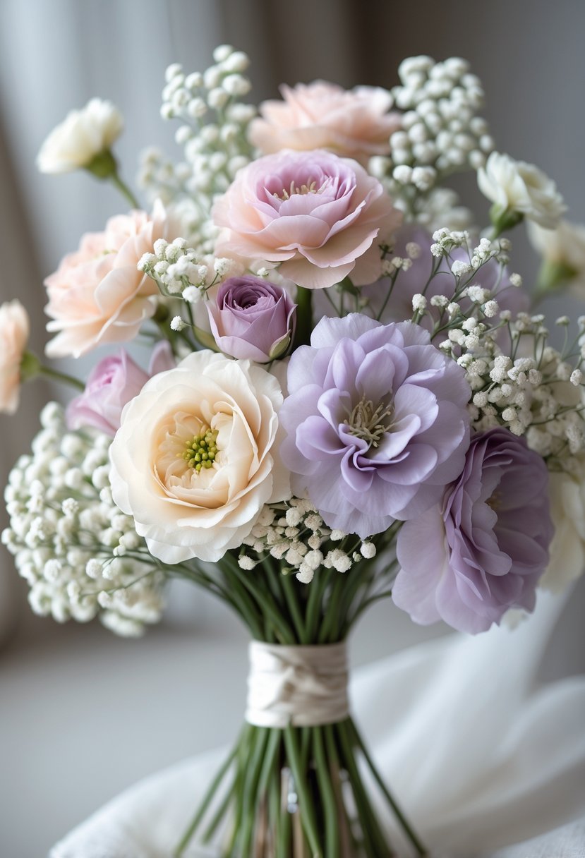 A small bouquet of pastel lisianthus flowers and white baby's breath arranged together.