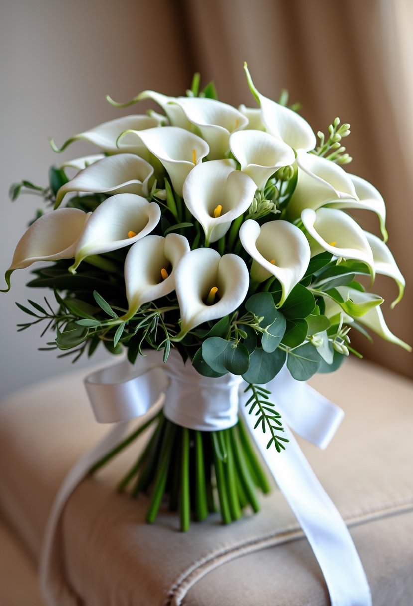 A small wedding bouquet of white mini calla lilies with green leaves wrapped in white ribbon.