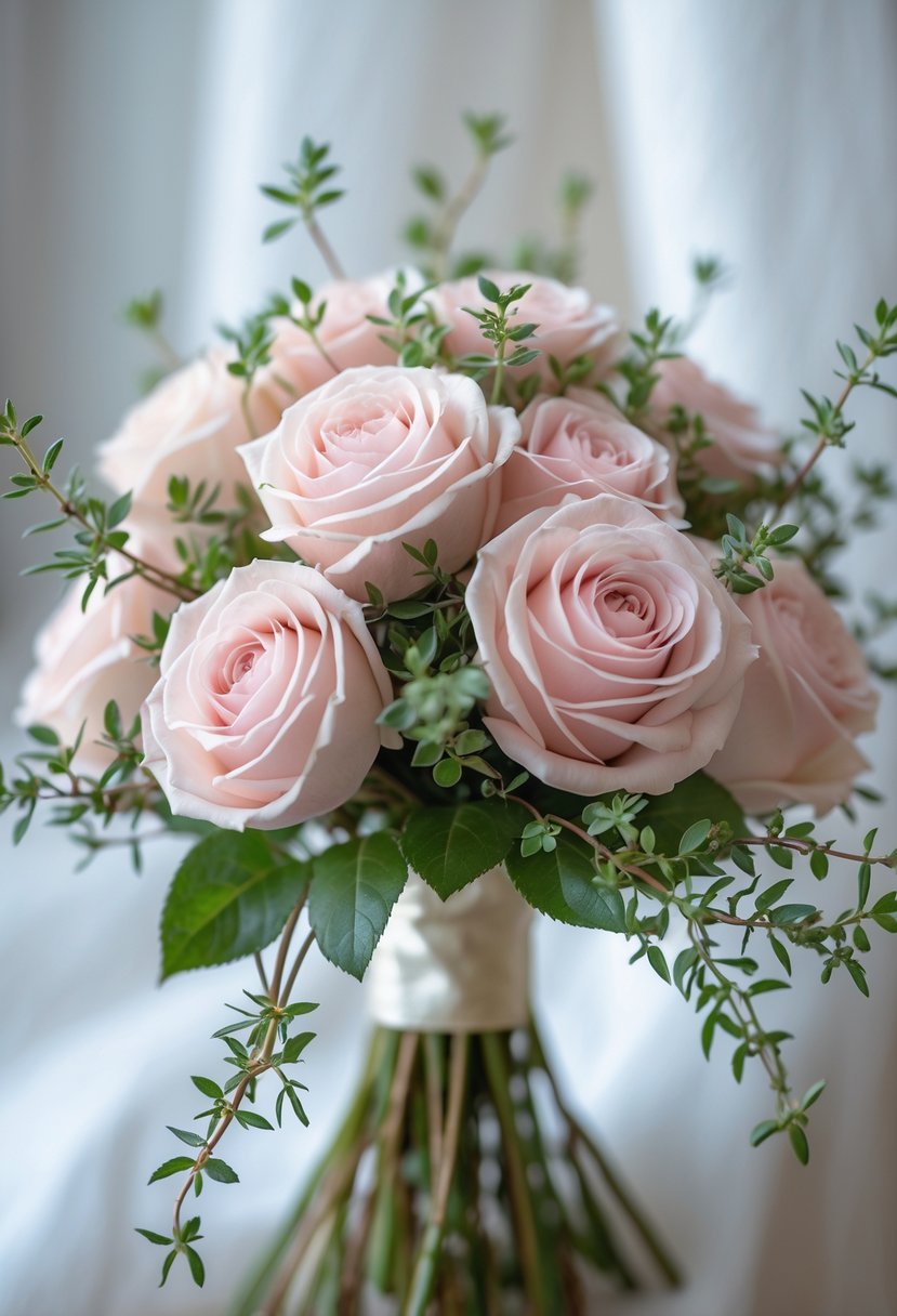 A small wedding bouquet of light pink roses with sprigs of wild thyme.