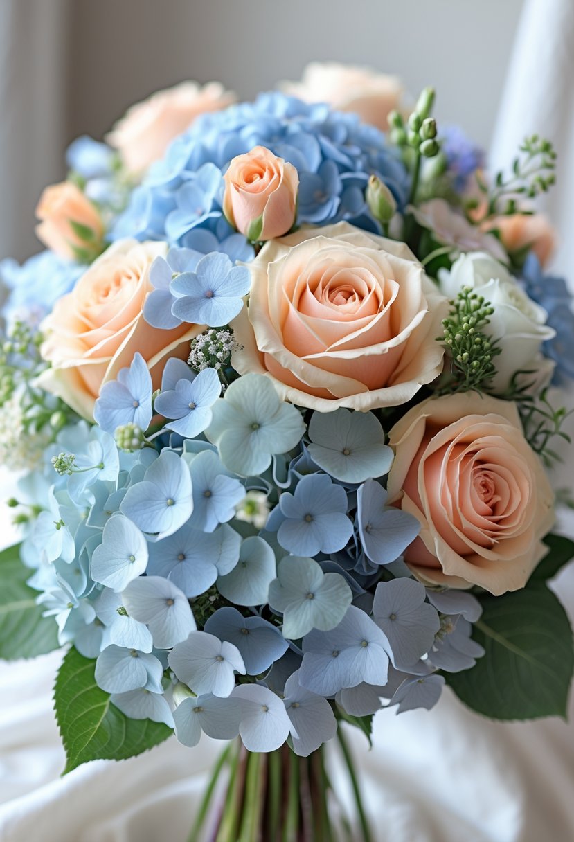 A small wedding bouquet with blue hydrangeas and peach roses arranged with other colorful flowers.